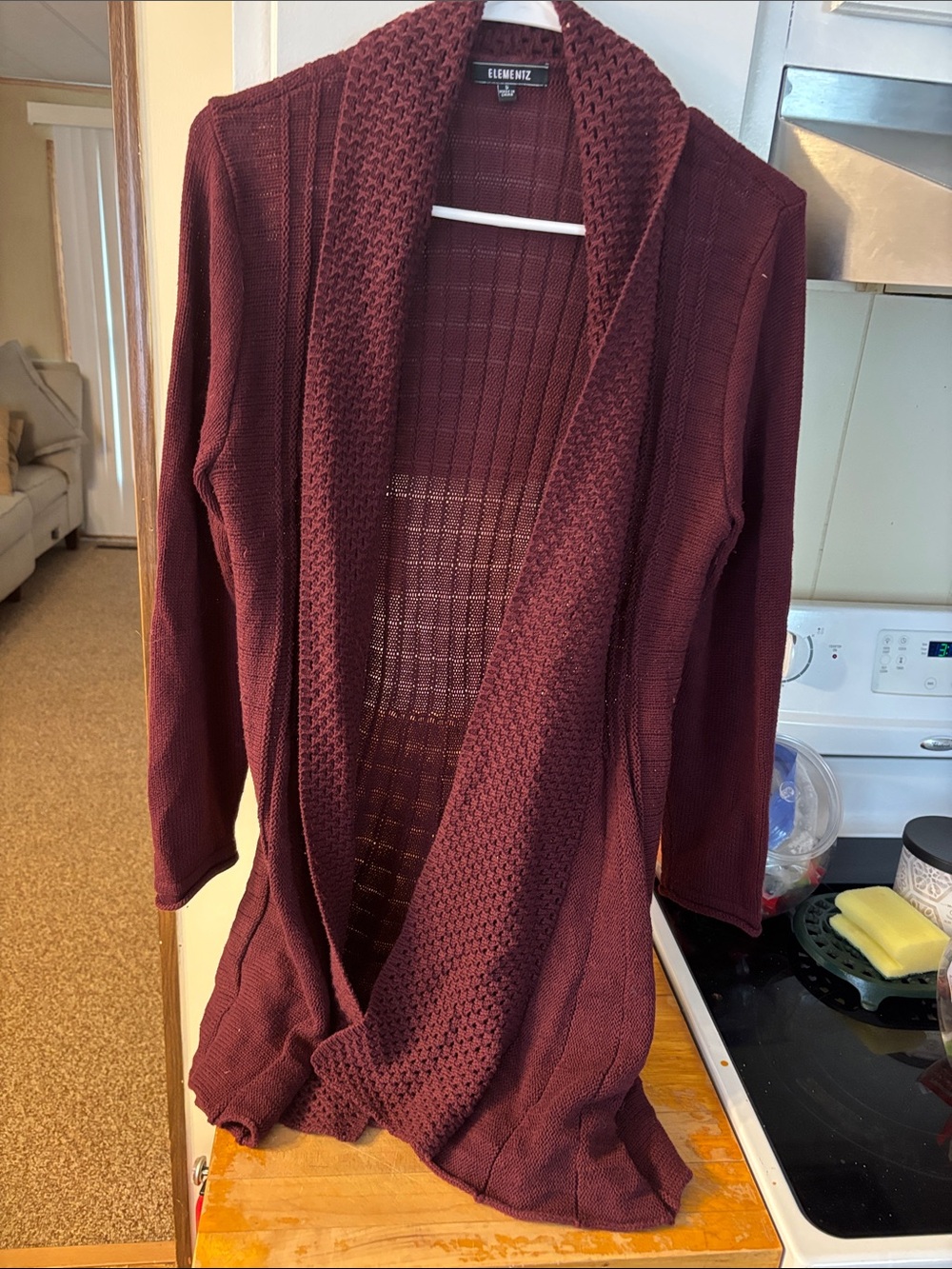 Elementz Open-Front Shawl Cardigan Sweater - Wine